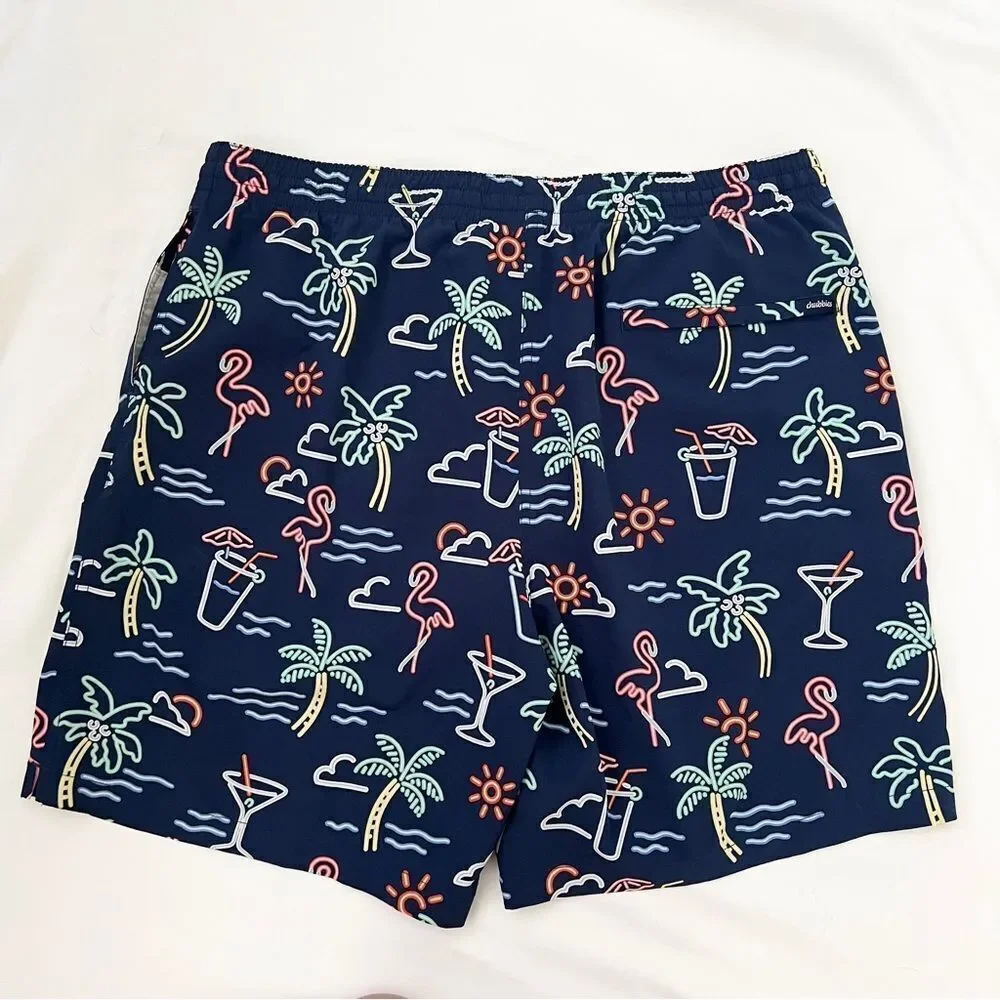 chubbies 7” Inseam swim trunks Men Size XXL Blue Tropical Flamingos Palm trees